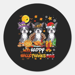 Sticker Rond Chien de Boston Terrier Happy Halloween Thanksgivi