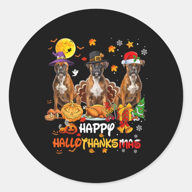 Sticker Rond Chien de boxe Halloween Thanksgiving Joyeux Chris (Devant)