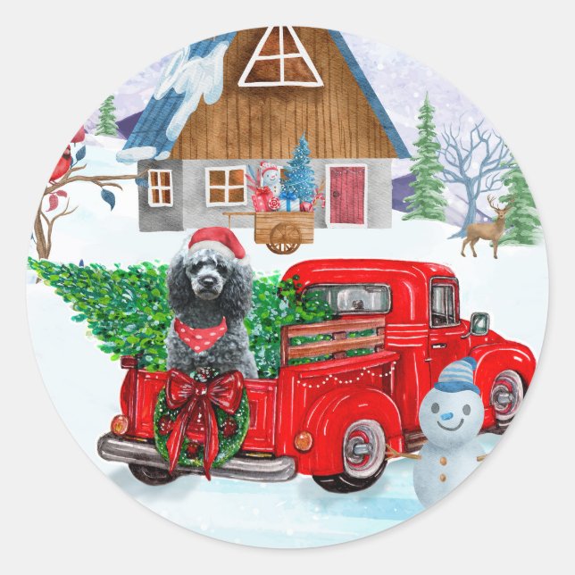 Sticker Rond Chien de caniche en livraison de Noël Camion Neige (Devant)