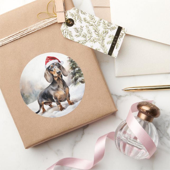 Sticker Rond Chien de Dachshund à Noël de neige (Cadeaux)