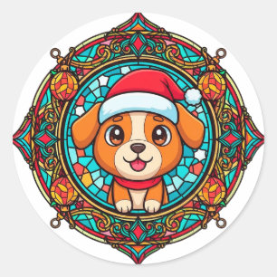 Sticker Rond Chien de dessin animé avec chapeau de Père Noël fe