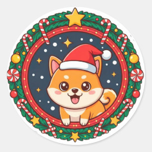 Sticker Rond Chien de dessin animé de Noël festif