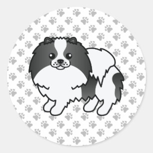 Sticker Rond Chien de dessin animé Pomeranian noir et multicolo
