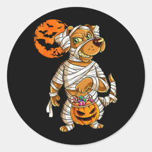 Sticker Rond Chien de Halloween Citrouille Momie