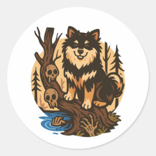 Sticker Rond Chien de la forêt effrayante avec des crânes Art d