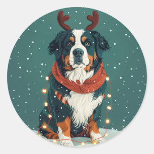 Sticker Rond Chien de montagne bernois de rennes de Noël