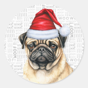 Sticker Rond Chien de Noël à Santa Hat Fête de Noël