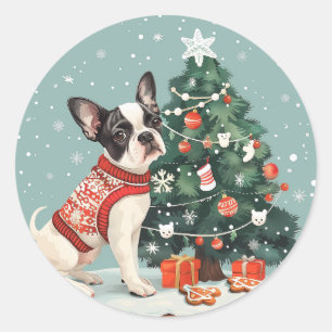 Sticker Rond Chien de Noël Boston Terrier