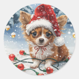 Sticker Rond Chien de Noël Chihuahua Père Noël