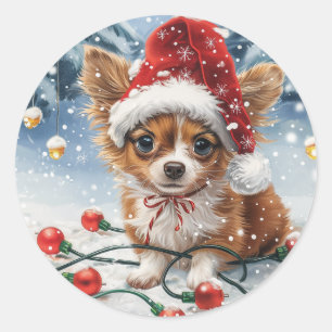 Sticker Rond Chien de Noël Chihuahua Père Noël