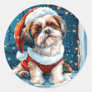 Sticker Rond Chien de Noël Shih Tzu Père Noël
