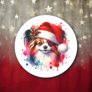 Sticker Rond Chien de Papillon à Noël