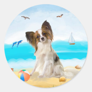 Sticker Rond Chien de Papillon sur la plage