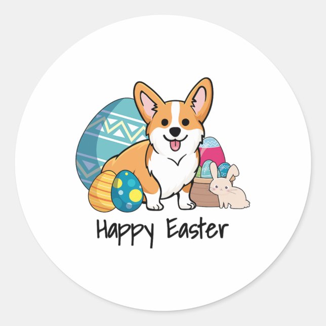 Sticker Rond Chien de Pâques Corgi heureux Pâques (Devant)