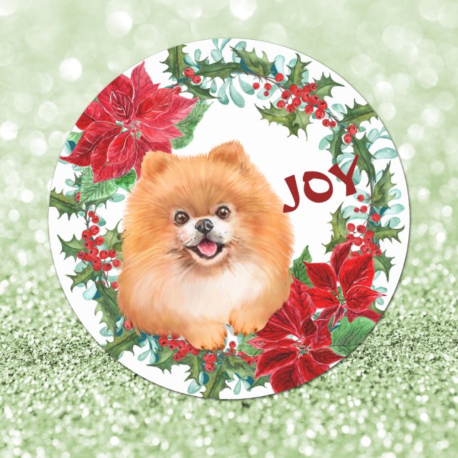 Sticker Rond Chien de Poméranie Joy Poinsettia Crème de Noël (Créateur téléchargé)