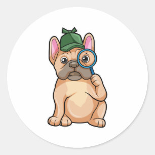 Sticker Rond Chien de taureau français en détective avec du ver
