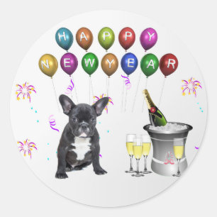 Sticker Rond Chien de taureau français Nouvel An