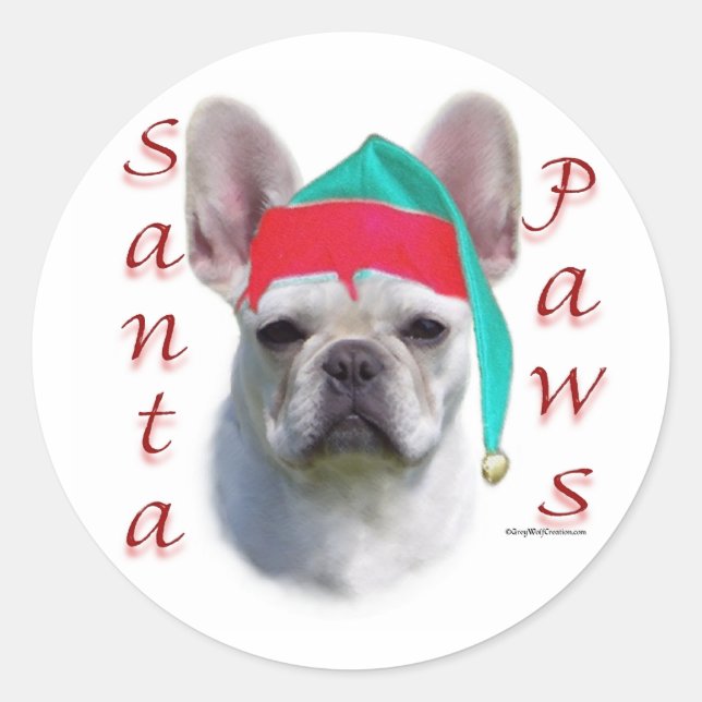 Sticker Rond Chien de taureau français (wht) Père Noël Paws (Devant)