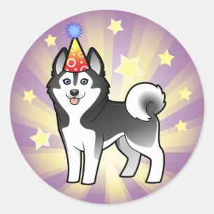 Sticker Rond Chien de traîneau sibérien d'anniversaire/Malamu