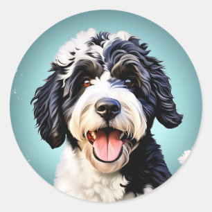 Sticker Rond Chien D'Eau Portugais Avec Fleurs