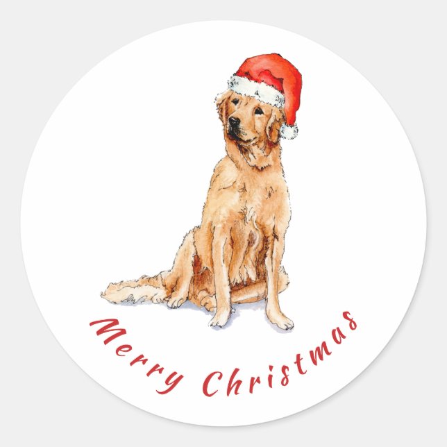 Sticker Rond Chien d'or avec chapeau de Santa (Devant)