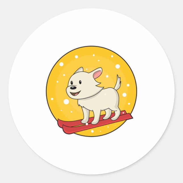 Sticker Rond Chien en Skier avec Ski (Devant)