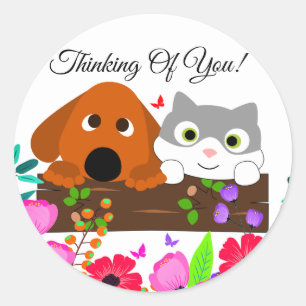 Sticker Rond Chien Et Chat Cute Avec Fleurs Et Papillon