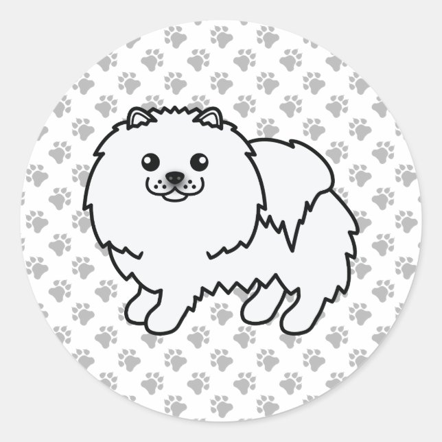 Sticker Rond Chien et pattes de caricature blanc de Poméranie (Devant)