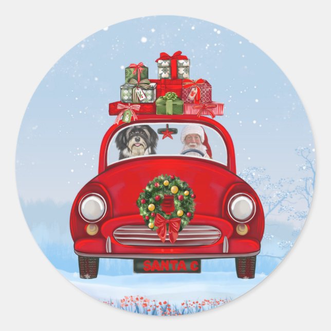 Sticker Rond Chien Havanais en voiture avec le Père Noël (Devant)
