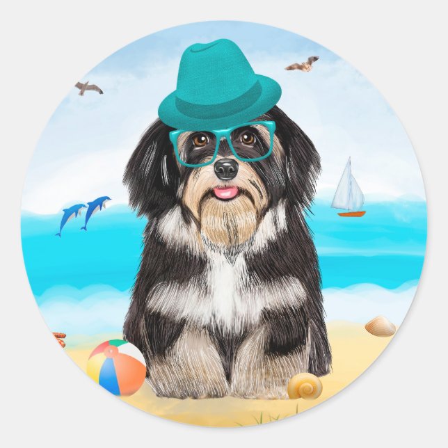 Sticker Rond Chien Havanais sur la plage (Devant)