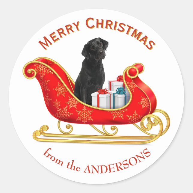 Sticker Rond Chien Labrador Retriever Noir Traîneau de Noël (Devant)