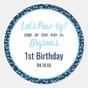 Sticker Rond Chien Personnalisé Anniversaire Bleu Empreinte de 