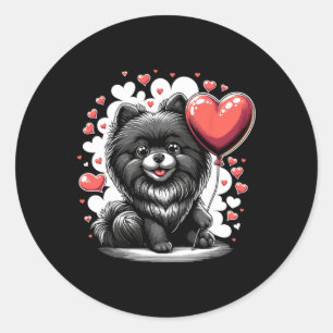 Sticker Rond Chien Pomeranian noir Saint-Valentin propriétaire