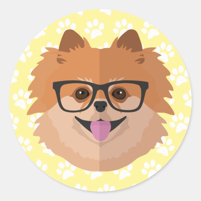 Sticker Rond Chien Poméranien En Verres Nerd | Cadeau Hipster m (Devant)