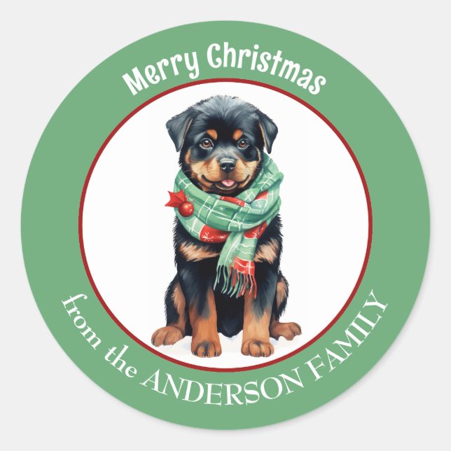 Sticker Rond Chien Rottweiler en rouge et vert Écharpe de Noël (Devant)