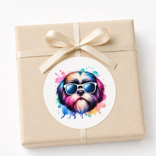 Sticker Rond Chien Shih Tzu Cool Aquarelle Portant des Lunettes