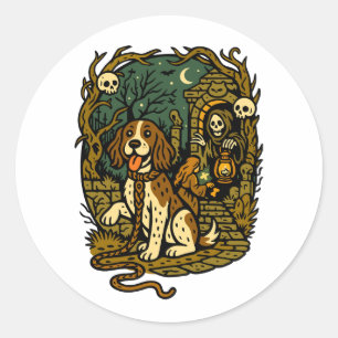 Sticker Rond Chien squelette effrayant esthétique horreur