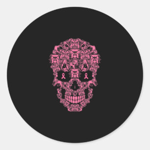 Sticker Rond Chien Sugar Crâne rose Ruban Cancer du sein