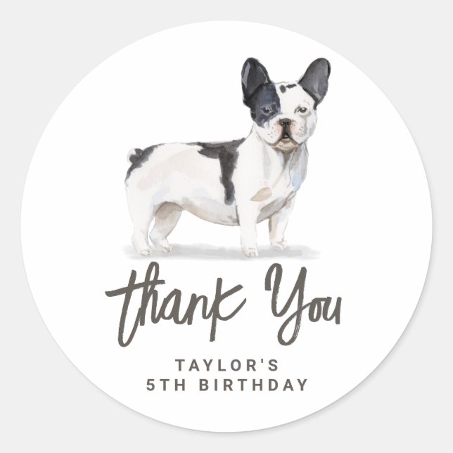 Sticker Rond Chien-taureaux français noir et blanc Merci (Devant)