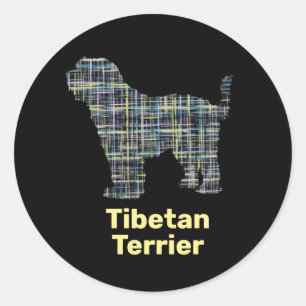 Sticker Rond Chien Tibétain Terrier Silhouette Jaune & Grille N