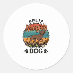 Sticker Rond Chien Vilain Feliz Brun Soleil Rétro Empreintes de