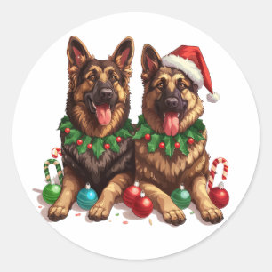 Sticker Rond Chiens bergers allemands de Noël