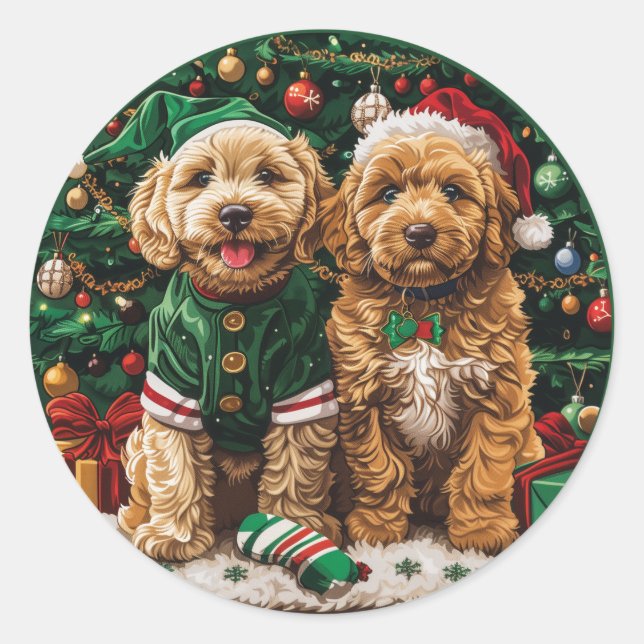 Sticker Rond Chiens de chiot de Noël Goldendoodle (Devant)