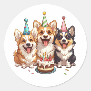 Sticker Rond Chiens de Corgi d'anniversaire