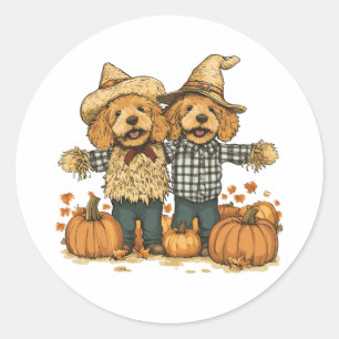 Sticker Rond Chiens de Goldendoodle de la récolte d'automne