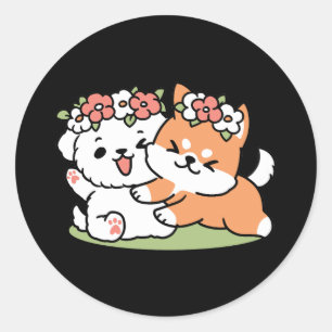 Sticker Rond Chiens de jeu avec Flower Crowns - Fun Spring Them