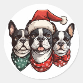 Sticker Rond Chiens de Noël Boston Terrier
