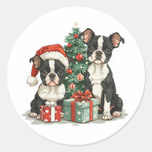 Sticker Rond Chiens de Noël Boston Terrier