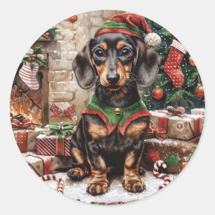 Sticker Rond Chiens de Noël Elf Dachshund