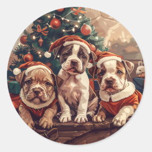 Sticker Rond Chiens de Noël Pit Bull chiots